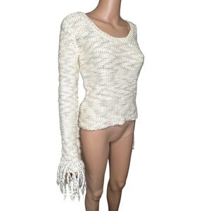 Cream Textured Knit Fringe Sleeve Sweater Scoop Neck Women's Medium Medium